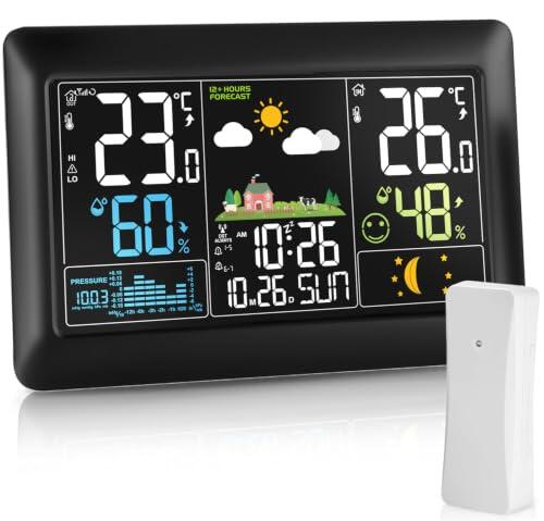 Estación meteorológica de radio 2026 de 7,5" con sensor exterior | 7.5 pulgadas VA color letra mayúscula 330° temperatura legible humedad presión de aire corregible
