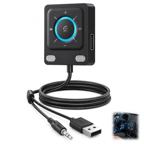 Receptor Bluetooth 6.0 Coche AUX Jack 3.5mm, Adaptador USB Bluetooth AUX para Radio Coche y Altavoz, Manos Libres con Botón Multifunción, Conexión Dual, Receptor Audio Estéreo Plug and Play