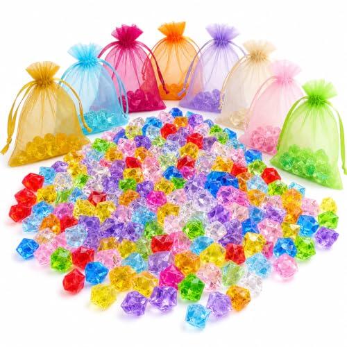 Colorido tesoro para juego y decoración, aproximadamente 500 piedras de cristal acrílico con 8 bolsas de organza para clasificar y compartir, para búsqueda del tesoro, boda, decoración de mesa, jarrón