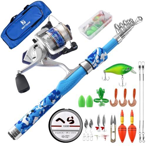 BNTTEAM Mini caña de pescar y carrete combos telescópico portátil mano dura 107% fibra de carbono mar caña de pescar y carrete cebo artificial línea de pesca