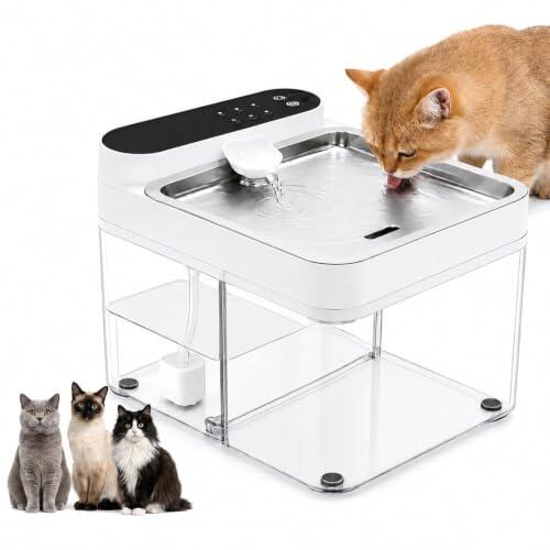 Fuente de agua para gatos, sin filtro, separación de aguas residuales | Fuente de agua para mascotas inalámbrica y 180 días de funcionamiento con bandeja de acero inoxidable