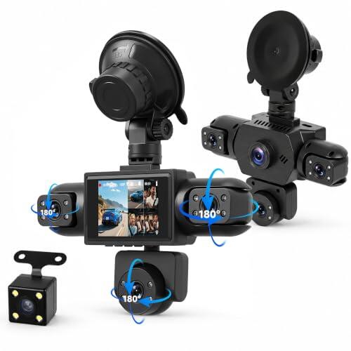 Rimoody 5 Canales Dashcam Coche 360°, Delantera y Trasera Izquierda Derecha | 5 Cámara, 2 Pulgadas Dash Cam 1080P, Visión Nocturna IR, Vídeo en Bucle, 24H Monitor, Asistencia de Estacionamiento