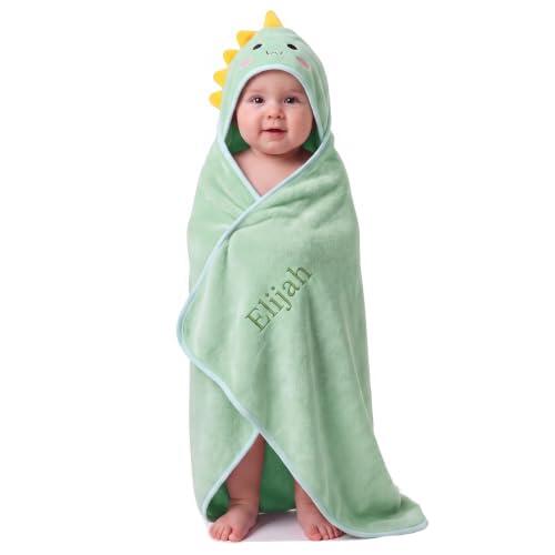 Jeweidea Toalla Babe con Capucha Personalizada con Nombre Capa Baño Bebe Felpa Coral con Animales para Niño, Niña Regalo para Recien Nacido Baby Shower，Verde