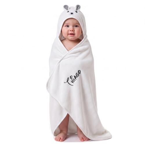Jeweidea Toalla Babe con Capucha Personalizada con Nombre Capa Baño Bebe Felpa Coral con Animales para Niño, Niña Regalo para Recien Nacido Baby Shower，Blanco