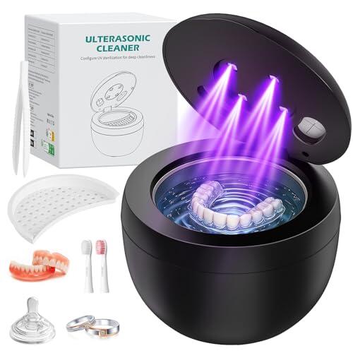 Limpiador Ultrasonidos Dental 45000Hz Ultrasonidos Limpieza con Lámpara UV y 4 Modos, 200ml Ultrasonic Retainer Cleaner Dental Pod para Dentaduras Postizas, Retenedores, Joyas