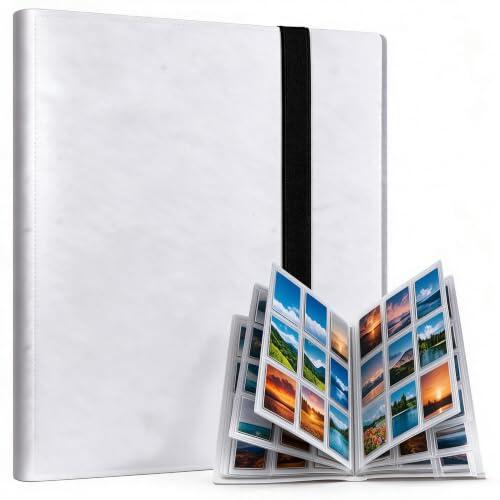 Album Cartas 9 Bolsillos, Card Binder 360 Ranuras Impermeable | Album de Cromos con Correa Protección Fiable, Ajuste Preciso 70x95mm, Ideal para Aficionados y Coleccionistas, Blanco
