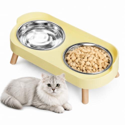 Comedero Elevado para Gatos con 2 Cuencos de Acero, Amarillo | Dos cuencos extraíbles de 400 ml para comida y agua de gatos