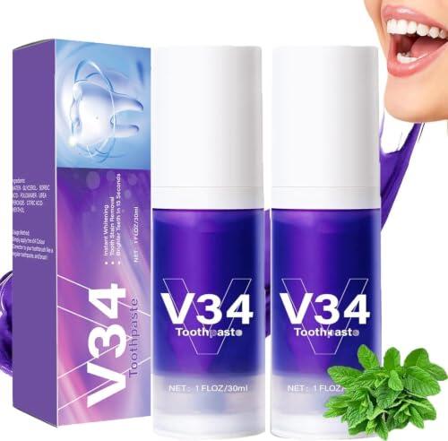 Purple Blanqueador dental V34,blanqueador dental morado V34,Blanqueamiento Dental Pasta de Dientes Morada,Pasta de Dientes Blanqueadora,Corrector de Color dientes,Teeth Whitening de Viaje (2PCS)