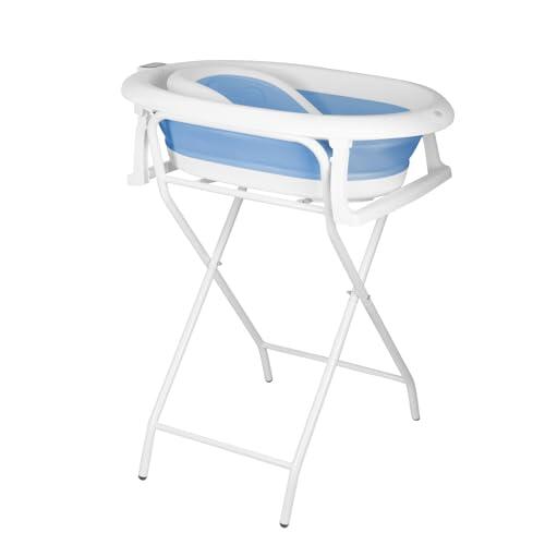 MUL-BOUTIQUE - Bañera plegable para bebé, con soporte, termómetro y cojín de baño, bañera para bebé, apta para bebés de 0 a 36 meses (azul)