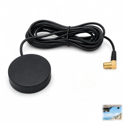 Antena Dab Coche Activa para Coche, Antena Dab+ Ganancia 18 ± 2 dB, VHF 170-240 MHz y L-Band 1452-1492 MHz, 50 Ω, Alimentación DC 5-12V, Conector SMB Acodado y Base Adhesiva para Radio