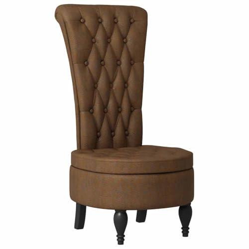 Sillón de respaldo alto marrón de piel sintética con marco de madera