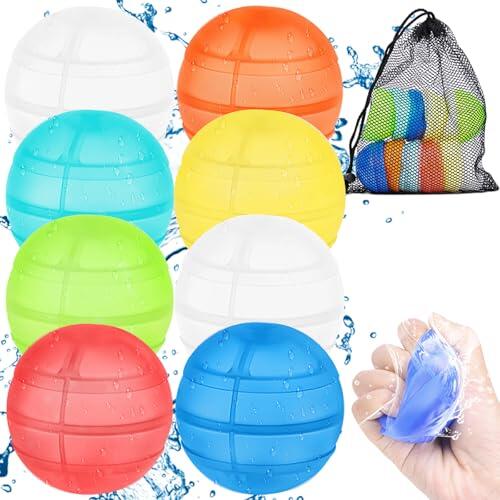 Bombas de agua reutilizables de 8 piezas y bolsa de malla, bombas de agua de silicona con cierre automático para niños y adultos, globos de agua, relleno rápido, juguete de agua para la playa y fiesta