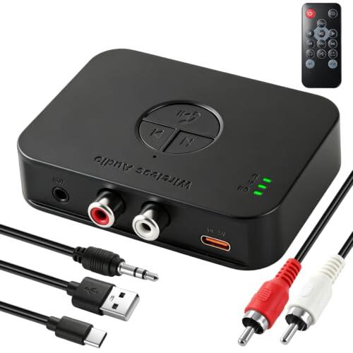 Receptor Bluetooth HiFi 6.0 RCA Jack 3.5mm AUX para Coche Amplificador | Bluetooth Adaptador Audio Baja Latencia Conexión Dual Mando para Altavoces Teléfonos Tablets TV Doméstico Reproducción USB