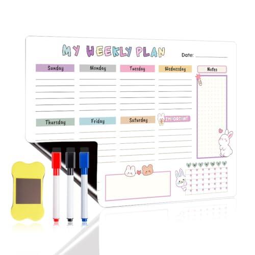JFOXAG Planificador Semanal Magnético para Nevera A4 (29,7x21 cm) - Pizarra Magnética Nevera con 3 Rotuladores (Rojo, Negro, Azul) y Borrador, Calendario Magnético Nevera para Cocina y Oficina