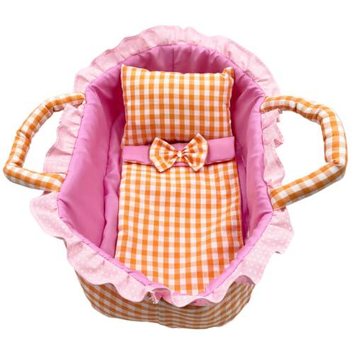 yanwuwa Cesta de cama de tela para muñecas con almohada, naranjas a cuadros | Cesta de transporte portátil para muñecas de 30 cm y juegos de rol