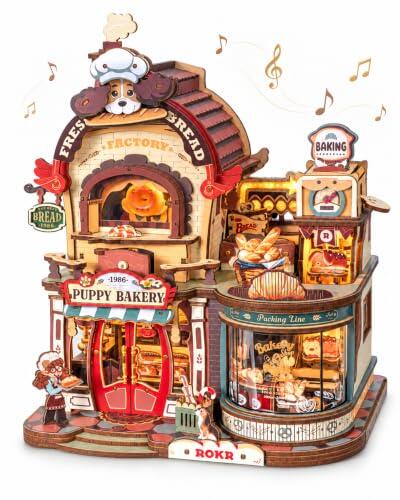 ROKR Dream Bread Factory Casa en miniatura para montar EAB03 | Montaje gratificante, panadería animada, luz cálida y música, decoración para exponer, regalo creativo