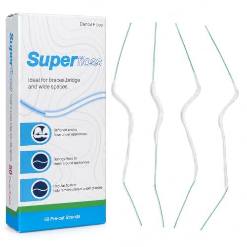 Hilo dental para ortodoncia, 50 hebras precortadas para brackets & puentes | Hilo dental con enhebrador, sección esponjosa e hilo normal para espacios interdentales amplios