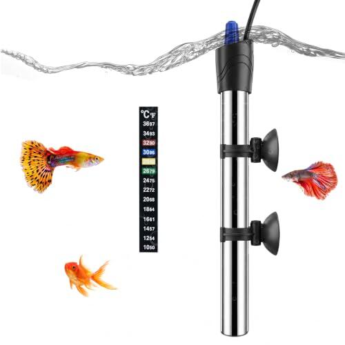 Calentador Acuario Pecera Tortuguera Heater Aquarium Acero Inoxidable 100W Fish Tank para 30-80L Termostato Ajustable 18 °C a 34 °C Sumergible Calefactora Tortugas con 2 Ventosa + Tiras Termómetro