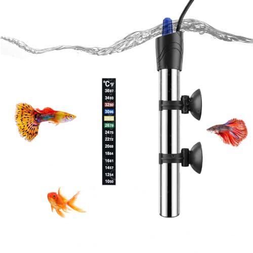 Calentador Acuario 20-60 Litros Pecera Tortuguera Heater Aquarium Acero Inoxidable 50W Fish Tank Termostato Ajustable 18 °C a 34 °C Sumergible Calefacción Varilla con 2 Ventosa + Tiras Termómetro