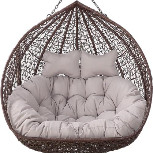 Sillón balancín colgante doble de exterior, 2 plazas con cordones, completamente acolchado con cojín profundo y suave, estructura resistente no se desenrolla, color gris (gris)