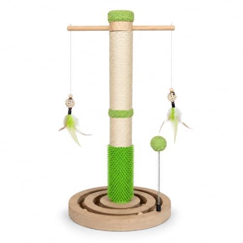 PETIUM Rascador para Gatos de 65 cm con Poste de Sisal Natural, Cepillo de Masaje, 2 Juguetes de Plumas, Pelota con Muelle y Circuito de Bolas con Hierba Gatera, Base Redonda Verde de 40 cm