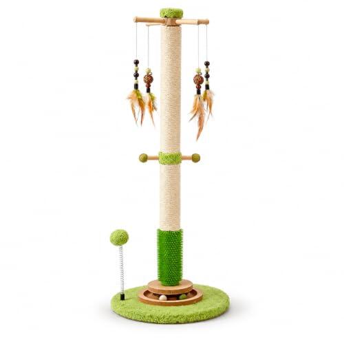 PETIUM Poste Rascador 92 cm para Gatos con Sisal Natural, Cepillo de Autocuidado, 4 Juguetes de Plumas, Pelota con Muelle y Circuito de Bolas con Hierba Gatera, Base de 40 cm, Verde