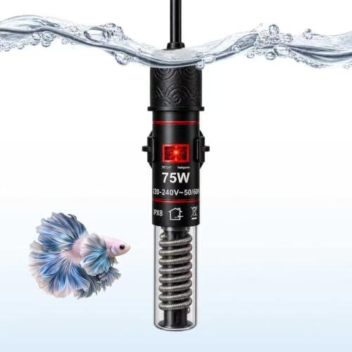 Juilsioa 75W Calentador Acuario, Calentador para Acuarios de 1 a 20 litros | Control temperatura a 26 °C, protección contra seco, apto acuarios dulce, salada y tortugas