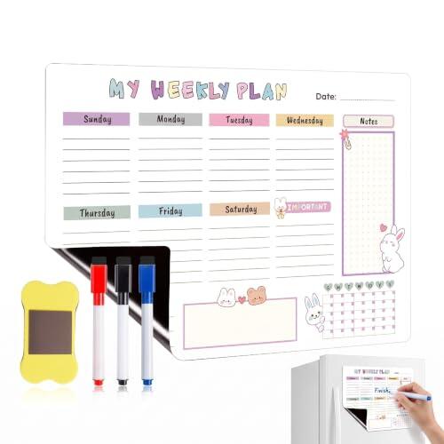 EAVUYIS Planificador Semanal Nevera Magnético Set de 5 Piezas - Pizarra Magnética Nevera y Calendario Magnético con 3 Rotuladores y Borrador, Organizador Semanal de Menú y Tareas para Cocina