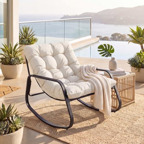 GIANTEX Silla Mecedora Exterior de Gran Tamaño, Carga 205 kg, Beige | Balancín de Jardín con Cojín Grueso Extraíble, Tejido Transpirable y Estructura Metálica, para Patio Terraza Porche