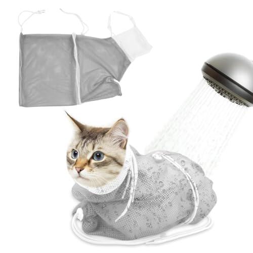 LAPQOS Cuidado de las uñas para gatos,Bolsa de baño para gatos de tercera generación, con malla ajustable, transpirable, gris y blanco.