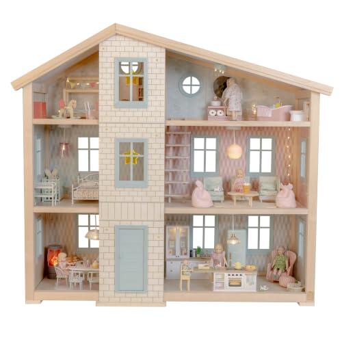 LUNDBY Dollhouse Wonder - Casa de muñecas de madera, 3 pisos, escala 1:18 | Casa de muñecas de madera grande con 6 habitaciones, 2 escaleras y puertas para abrir, a partir de 3 años, 265 x 660 x 630 mm