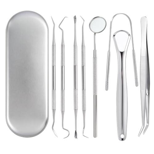 Juego de limpieza dental de 8 piezas, Utensilios dentales de acero inoxidable con Espejo bucal, Sonda dental, Eliminador de sarro y placa, Mangos antideslizantes, para Hogar y Mascotas