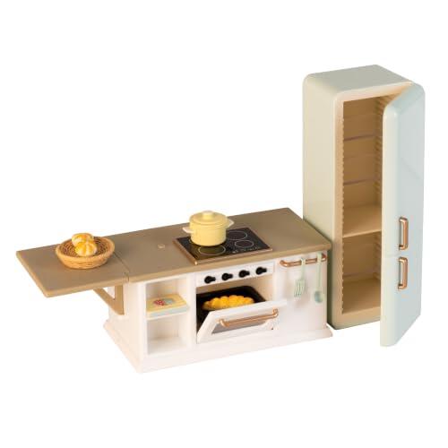 LUNDBY Casa de muñecas, cocina de muñecas con horno, estufa y nevera | Casa de muñecas muebles de madera con isla de cocina, placa de cocina, horno, nevera, luz LED, juguete a partir de 3 años