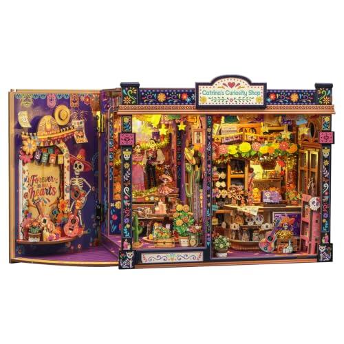 CUTEBEE Book‑Nook DIY - Kit de construcción en miniatura | Catrina's Curiosity Shop - Rompecabezas de madera 3D con luces LED, decoración y regalo