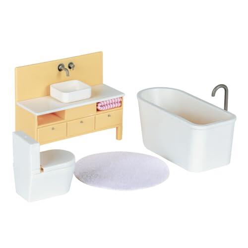 LUNDBY Muebles para casa de muñecas, set de baño con bañera y inodoro, 5 | Juego de muebles de baño, bañera de muñecas, inodoro con tapa, lavabo, espacio de almacenamiento, alfombra, toalla