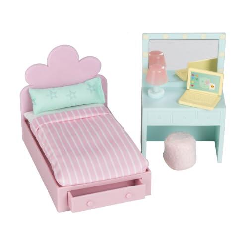 LUNDBY Casa de muñecas muebles dormitorio juvenil, cama, tocador con espejo | Accesorios para casa de muñecas, con lámpara LED, muebles en miniatura, cama con cajón, ropa de cama, espejo, puf