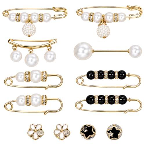 12 Broches para Ropa Mujer, Set de Alfileres con Perlas Falsas, Imperdibles Decorativos Multitamaño (1.2-5.8 cm), para Chal, Suéter, Bufanda, Vestido, Resina y Metal