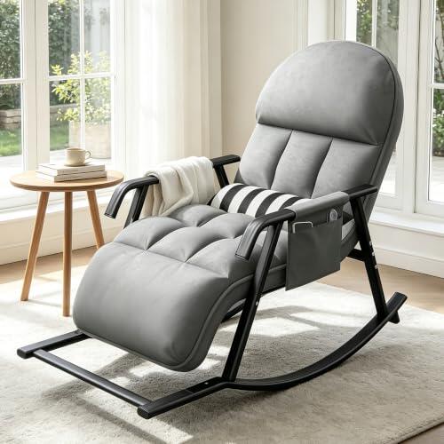 KaO0YaN Mecedora para salón con respaldo ajustable y reposapiés, sillón mecedora acolchado con bolsillo lateral, sillón de relax para dormitorio, balcón, jardín, rincón de lectura