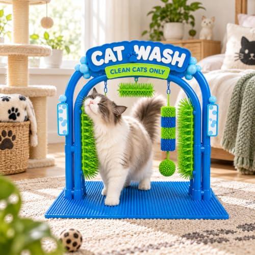 Rascador de arco para gatos, estación de aseo para gatos estilo lavado de | Juguete de túnel de masaje desmontable para gatos, base estable, rascador de cepillado automático para control de