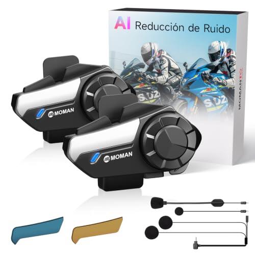 Moman Intercomunicador Casco Moto H2S 2 Vías Sistema de Comunicación 1000M | AI 4X Reducción de Ruido Audio Multitarea Manos Libres Moto Auriculares con HiFi/Compartir Música/AI Voz (2 Pieza)