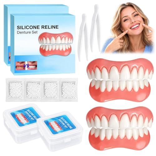 AUHUNT Dentaduras postizas ajustables 2 sets, protesis dental de silicona suave, dientes postizos superiores e inferiores, carillas dentales removibles para adultos