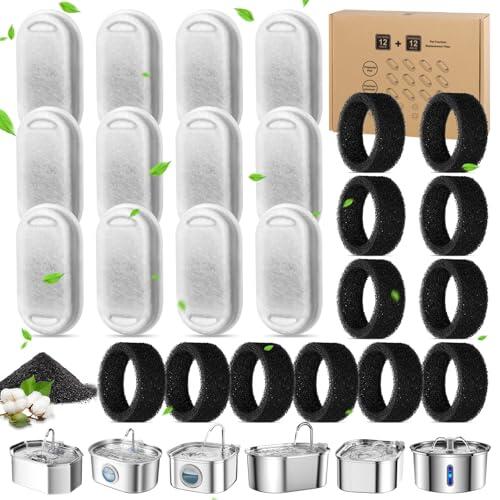 LEGEING 12 + 12 filtros premium para fuente de gatos, filtro de repuesto con carbón activo y espuma para dispensador de agua de 108 oz/3,2 l y 2 l, limpieza multicapa elimina el pelo, olores y mejora
