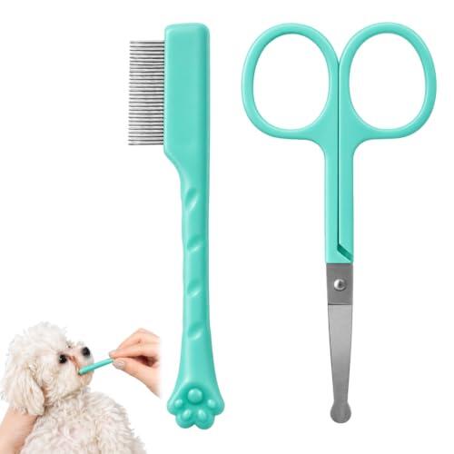 RUYIOK 2 Piezas Peine Perro y Tijeras, Peine para Lágrimas y Cuidado Facial para Mascotas, 13cm Peine y 10.6cm Tijeras, Verde, Plástico y Acero Inoxidable para Perros y Gatos