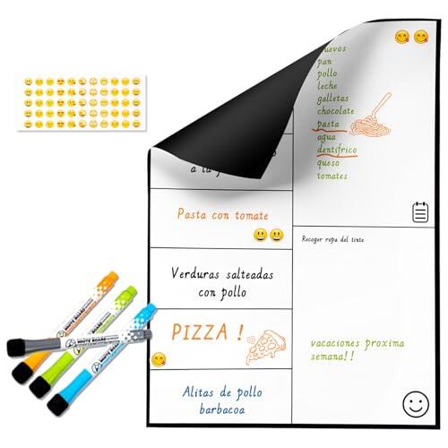SB® Pizarra magnetica Semanal para Nevera A3 29X42CM + 4 Rotuladores + 55 Stikers Emogi Aleatorios | Planificador Semanal para Comidas y Lista de Compra.