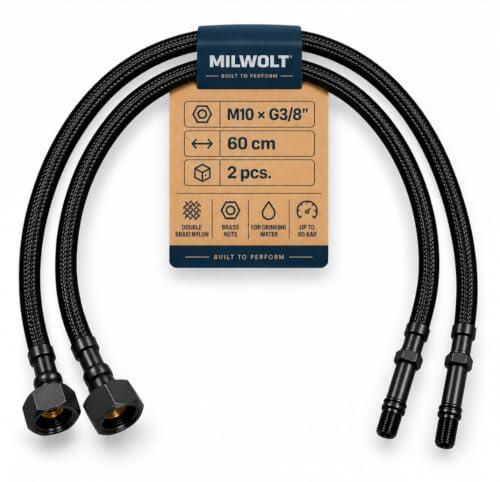 Guía técnica de instalación para latiguillos flexibles de grifería Milwolt M10 x 3/8 pulgadas