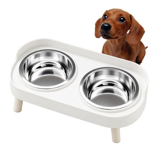 BPS Comedero Elevado para Perros y Gatos con 2 Cuencos de Acero Inoxidable, Soporte Doble para Comida y Agua, Base Antideslizante, Cuencos Extraíbles 33 × 17 × 10 cm Blanco BPS-8821BL