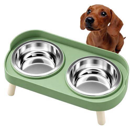 BPS Comedero Elevado para Perros y Gatos con 2 Cuencos de Acero Inoxidable, Soporte Doble para Comida y Agua, Base Antideslizante, Cuencos Extraíbles 33 × 17 × 10 cm Verde BPS-8821VE
