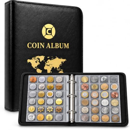 Álbum Monedas 480 Bolsillos, 20 Hojas, 25,8x20cm, Estuche Cremallera | Capacidad 480 monedas, piel sintética PU, cierre de cremallera, láminas transparentes. Para aficionados y expertos.