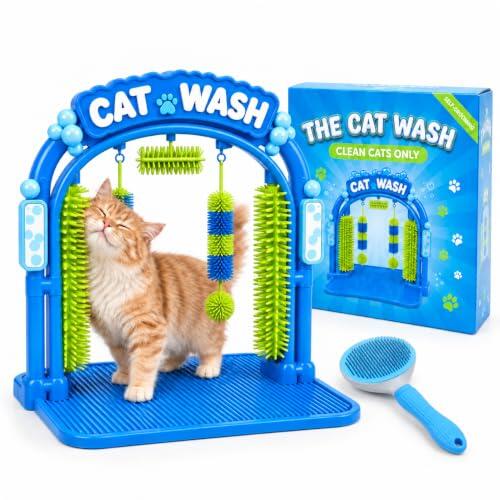 Estación de Aseo para Gatos sin Agua con Arco de Cepillos y Alfombrilla, Paso para Cuidado del Pelaje con Elementos Laterales Colgantes, Accesorio de Autofrotado (1PCS)