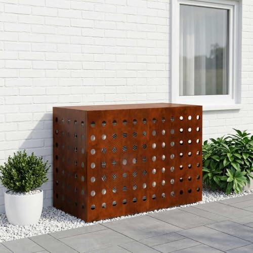 Vopese Funda resistente para aire acondicionado con marco de acero resistente a la intemperie para exterior en color oxidado con diseño abierto fácil de limpiar y mantener para patio jardín y terraza